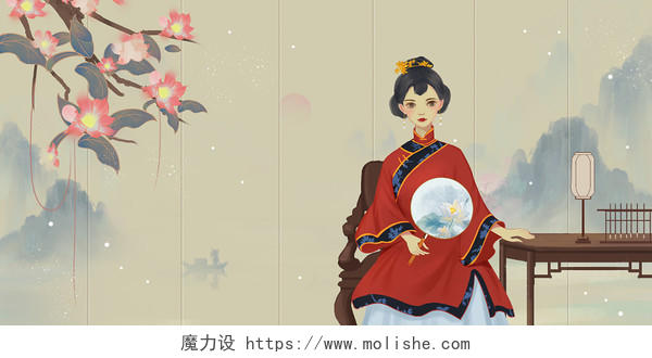 中国风清朝女子服饰手绘插画海报背景旗袍旗袍美女美女